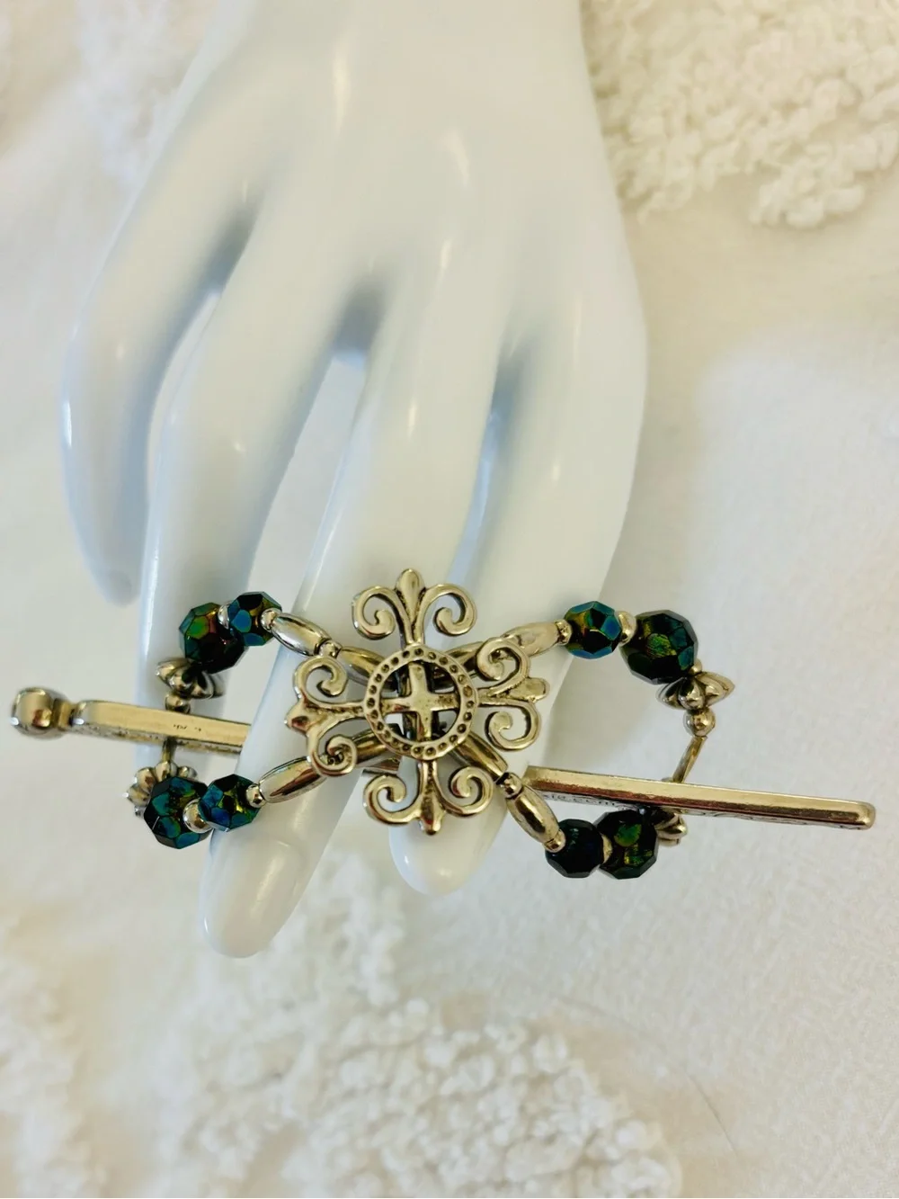 Lilla Rose Silver Teal Green Beaded Celtic Filigree Flexi Clip Hair Slide